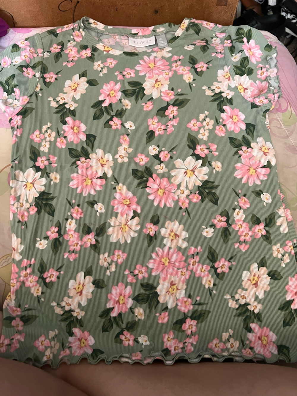 Place Girls Floral Ribbed Top in Green and Pink